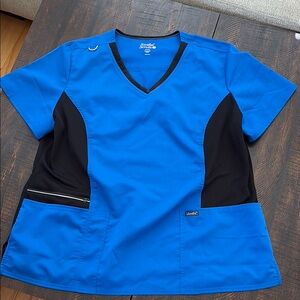 Sanibel Scrubs Blue and Black Scrub Top with 2 pockets & 1 zip pocket